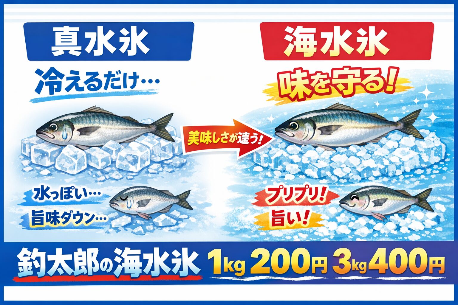 釣った魚が水っぽ鵜くなる原因の半分は氷。海水氷なら問題ありません。よく冷えます。釣太郎