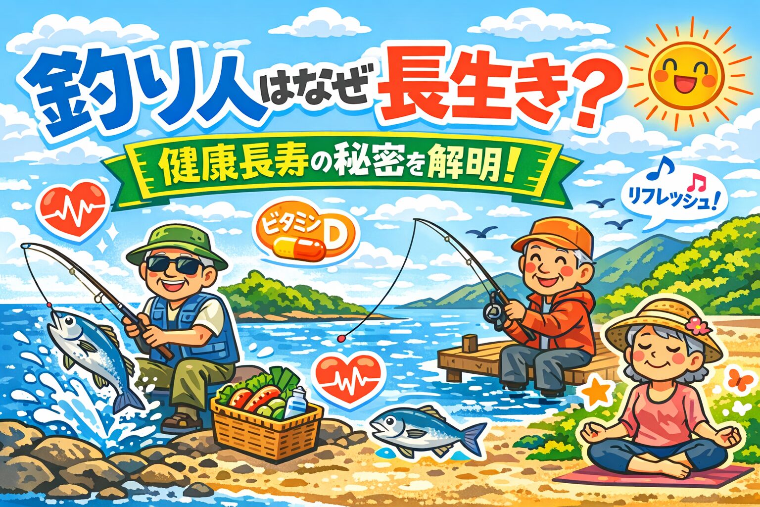 釣りがもたらす5つの健康効果。有酸素運動としての釣り。自然とのふれあいによるストレス軽減 。日光浴によるビタミンD生成。手先と脳を使うことで認知機能を維持。 食生活の改善。釣太郎