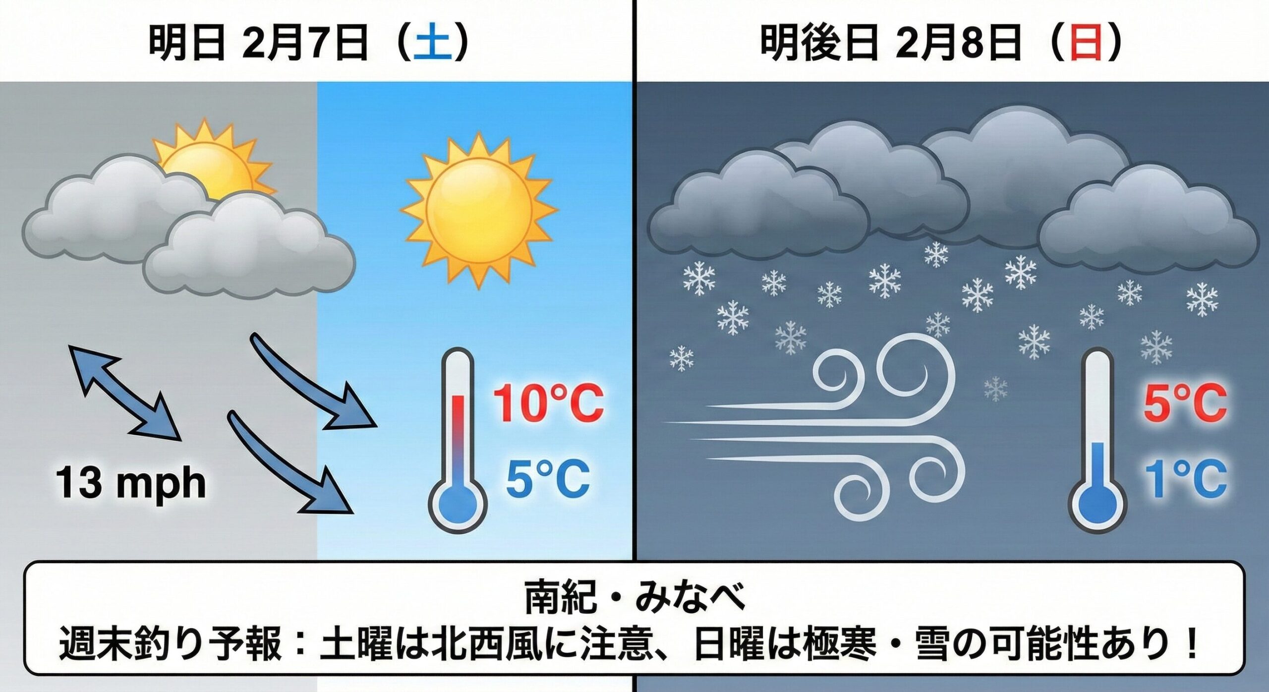 ２月７日土曜日、８日日曜日、和歌山南紀の週末の釣行用天気予報。釣太郎
