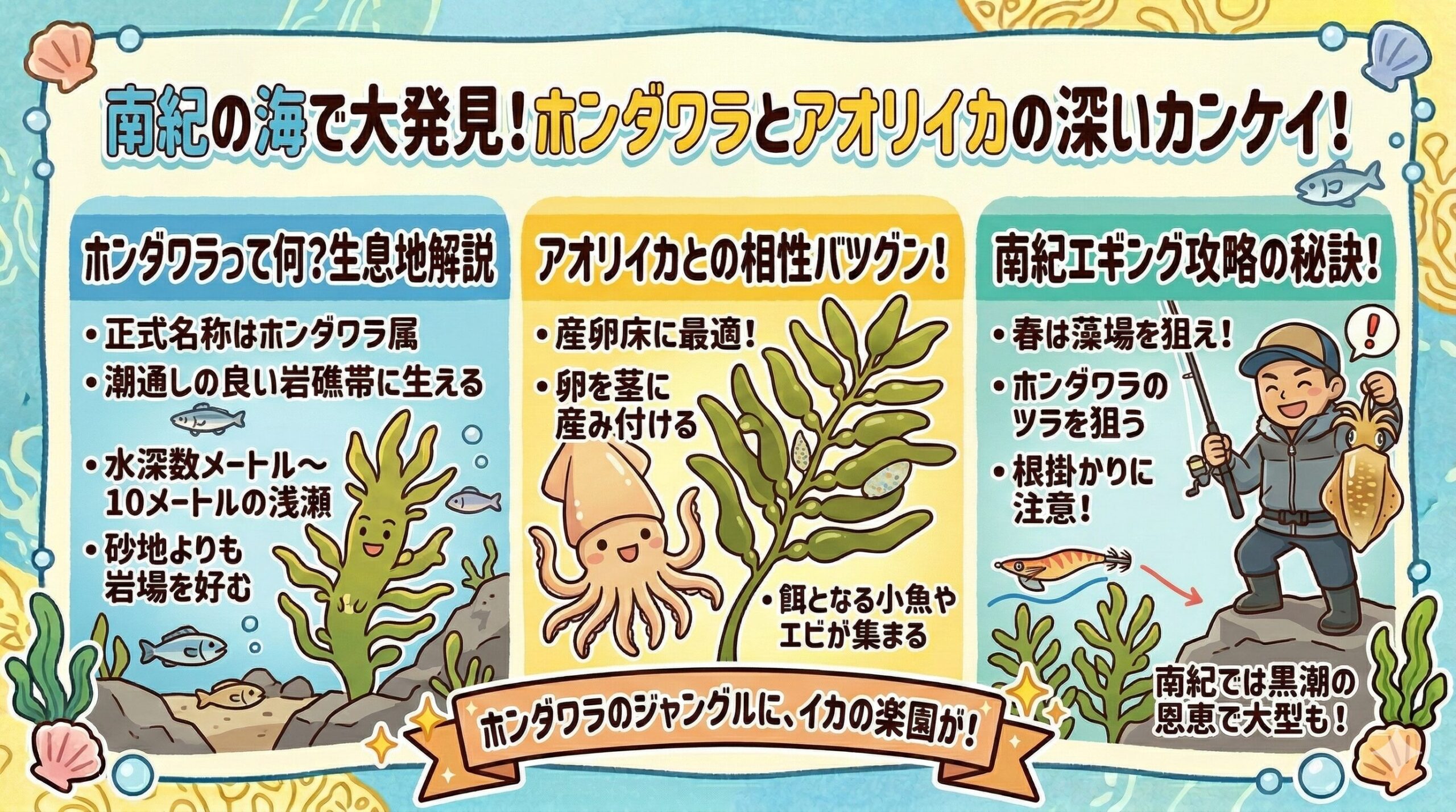 南紀地方の春のエギングにおいて、ホンダワラの存在は「高確率でアオリイカがいる」釣太郎