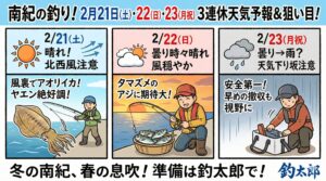 【南紀の釣り】2026年2月21日〜23日3連休の天気予報と狙い目ターゲット.釣太郎