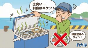 クーラーBOXを開けたら生臭いにおいがするときは、刺身は避けたほうがいい。釣太郎