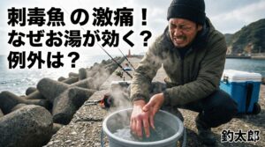 刺毒魚に刺されたら、43度から45度くらいのお湯に患部を漬けると、その熱で毒の成分が変性して、壊れ痛みが和らぐ。釣太郎
