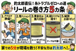 家での5分が、現場の数時間を救う。たかが糸巻き、されど糸巻き。面倒くさがらずに「濡れタオルで、キツく、八分目」を守るだけで、現場でのストレスは劇的に減ります。釣太郎