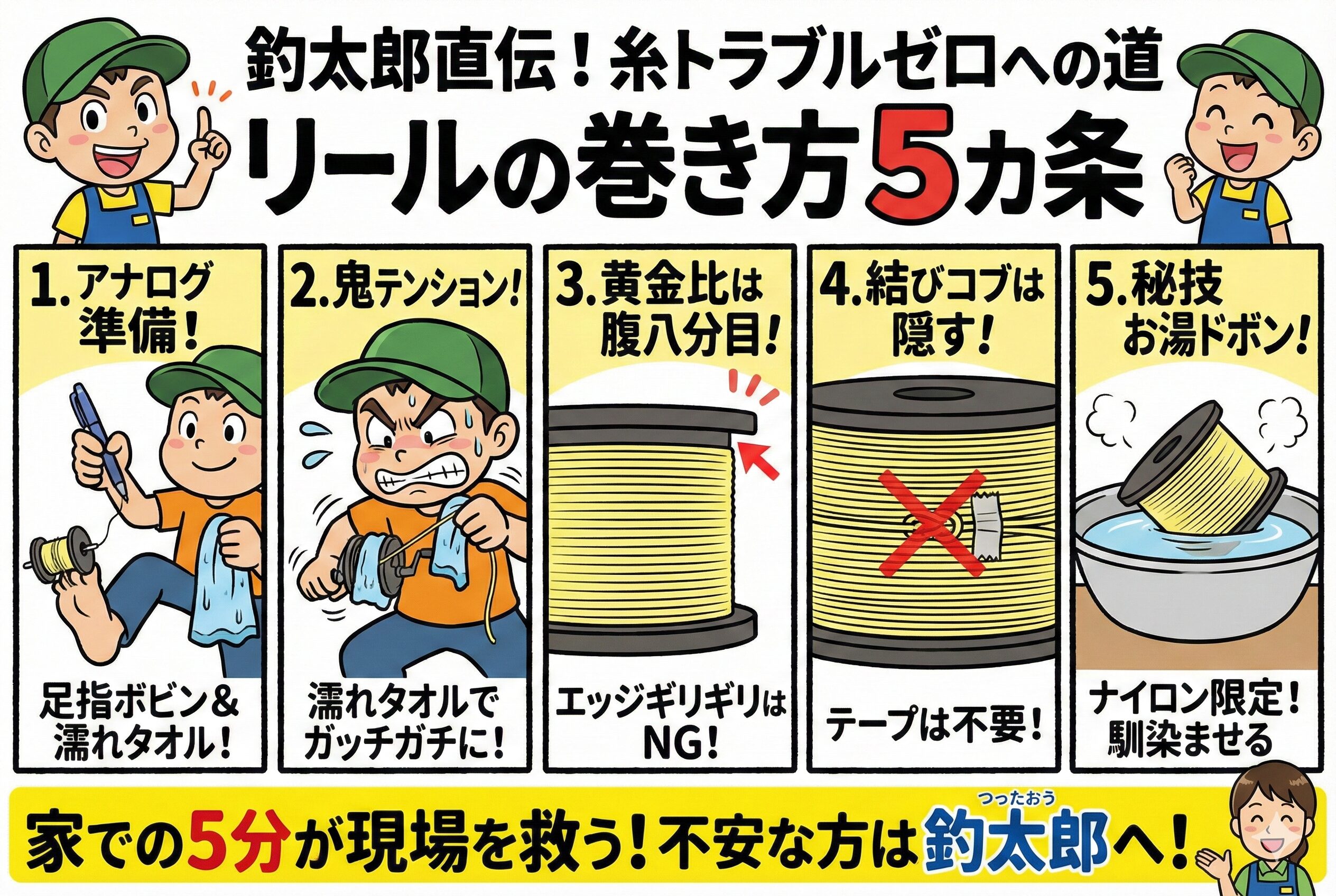 家での5分が、現場の数時間を救う。たかが糸巻き、されど糸巻き。面倒くさがらずに「濡れタオルで、キツく、八分目」を守るだけで、現場でのストレスは劇的に減ります。釣太郎