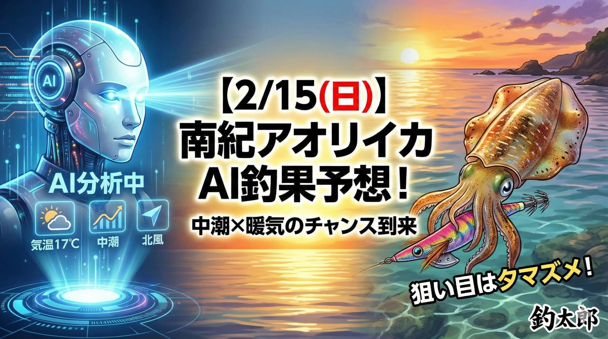 2026年2月15日（日）南紀でのAIが出した明日のアオリイカ遭遇率は55％。釣太郎
