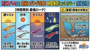 2/14(土)南紀エギングは朝： 金・オレンジ（濁りならチャート）昼： ケイムラ・ナチュラル夕： 赤テープ・パープル夜： グロー・赤テープ キモ： 雨の影響を避けて「底」＆「潮通し」釣太郎