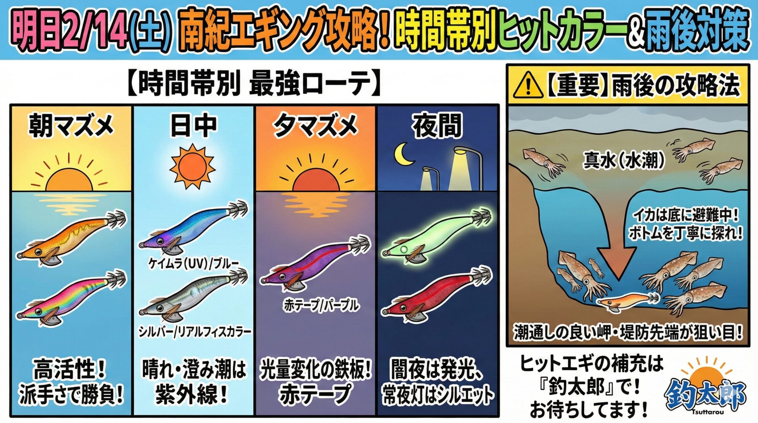 2/14(土)南紀エギングは朝： 金・オレンジ（濁りならチャート）昼： ケイムラ・ナチュラル夕： 赤テープ・パープル夜： グロー・赤テープ キモ： 雨の影響を避けて「底」＆「潮通し」釣太郎