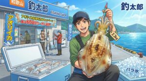 アオリイカお持ち込み下さい。～５００ｇで100円、９９９ｇで200円、１から2キロ未満400円、2キロ以上600円クーポン券とバラ氷サービス。釣太郎