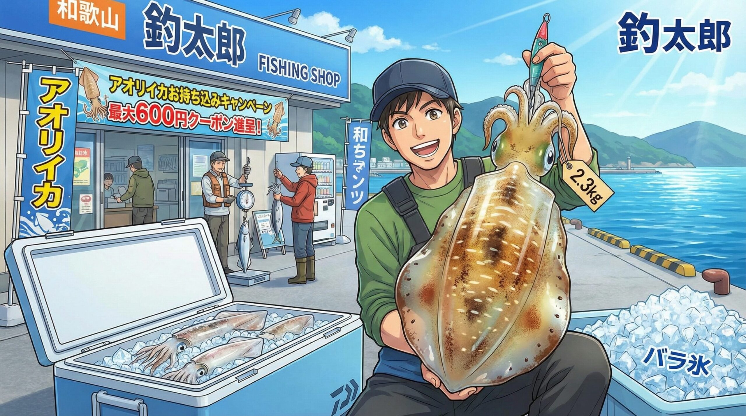 アオリイカお持ち込み下さい。～５００ｇで100円、９９９ｇで200円、１から2キロ未満400円、2キロ以上600円クーポン券とバラ氷サービス。釣太郎