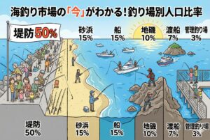 二極化する釣り市場。 こうして見ると、「手軽な堤防」 と 「釣果確実な船」 に人が集まっているのがよく分かります。釣太郎