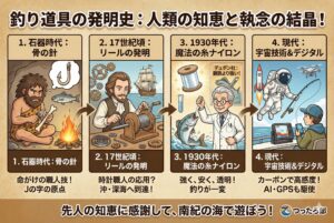 骨の針で命をつないだ太古の漁師たち。より遠くへ飛ばしたいとリールを作った職人たち。その情熱のバトンを受け取って、現在も遊ばせてもらっています。釣太郎