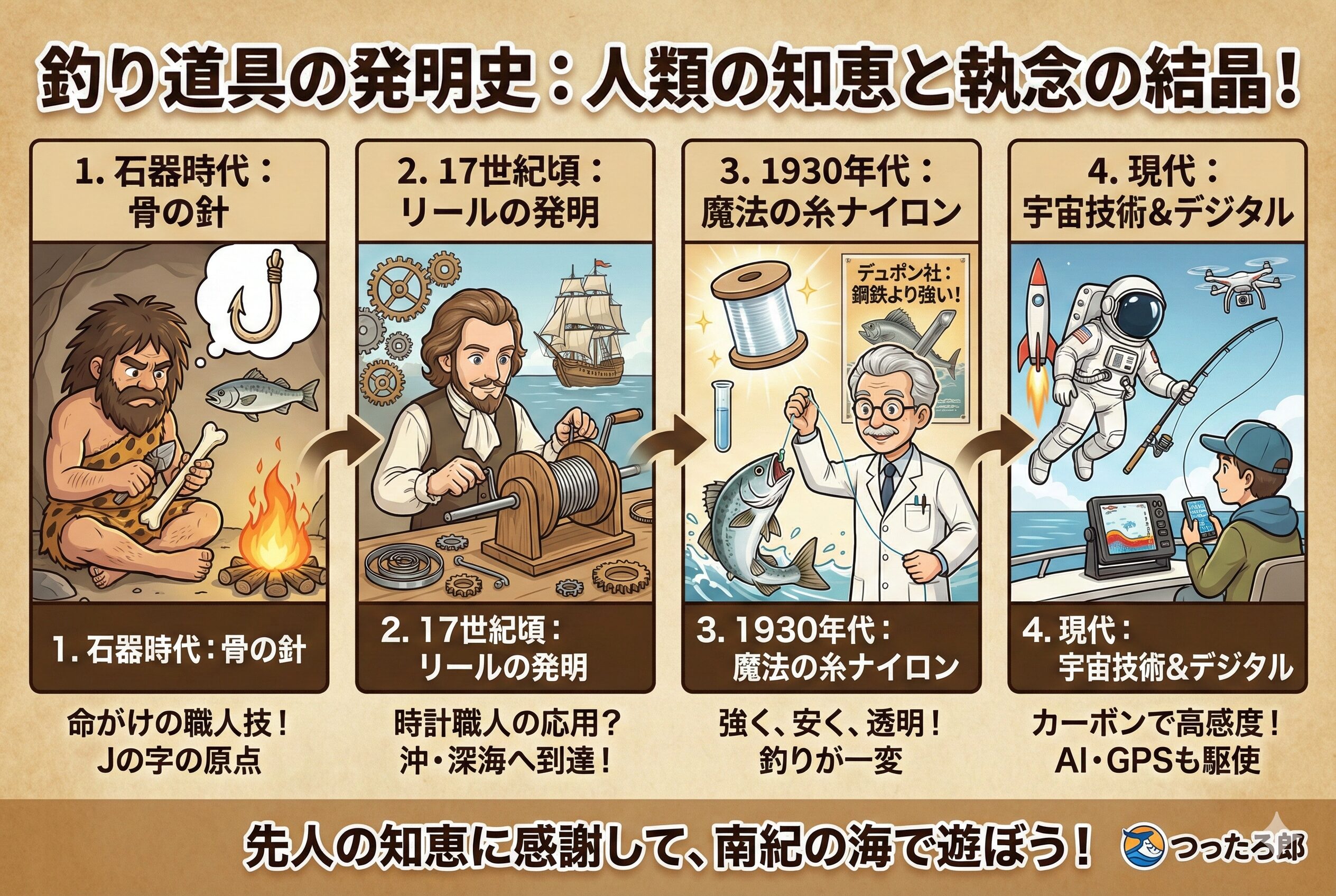 骨の針で命をつないだ太古の漁師たち。より遠くへ飛ばしたいとリールを作った職人たち。その情熱のバトンを受け取って、現在も遊ばせてもらっています。釣太郎