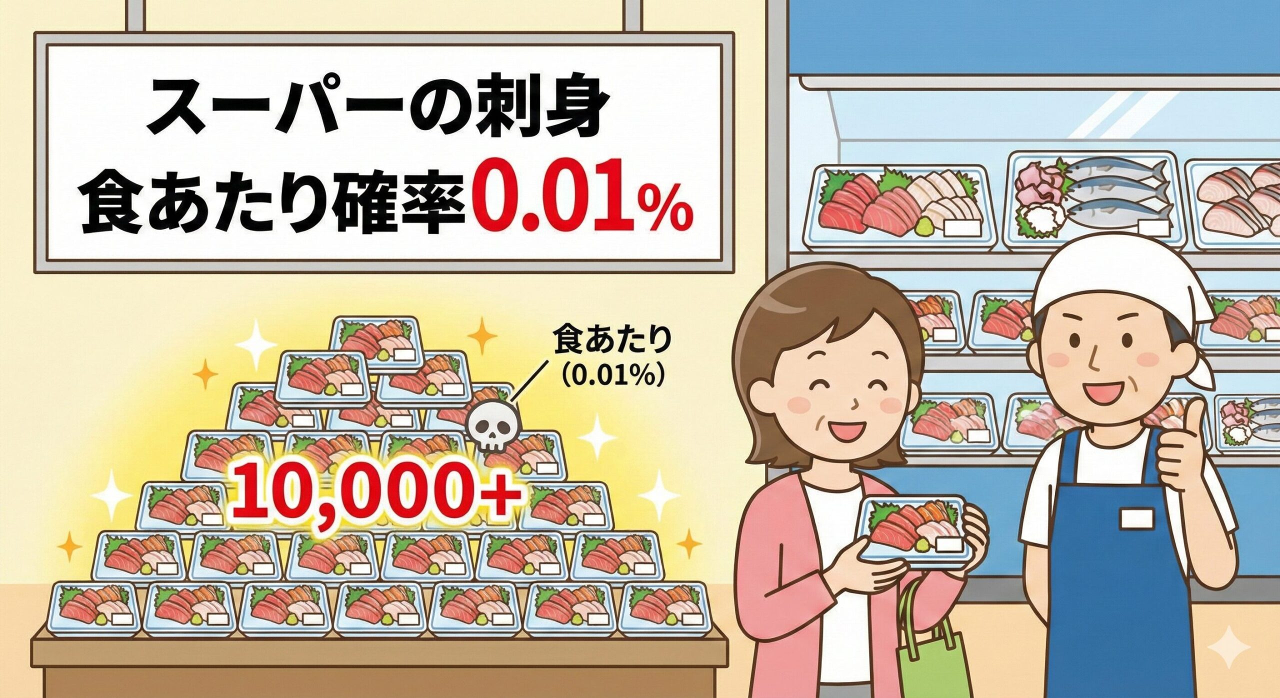 スーパーの食あたり、軽い胃腸不調を含めた広めの推定値に近いですが、重い食中毒としては過大評価です。現実的には0.001%前後。釣太郎