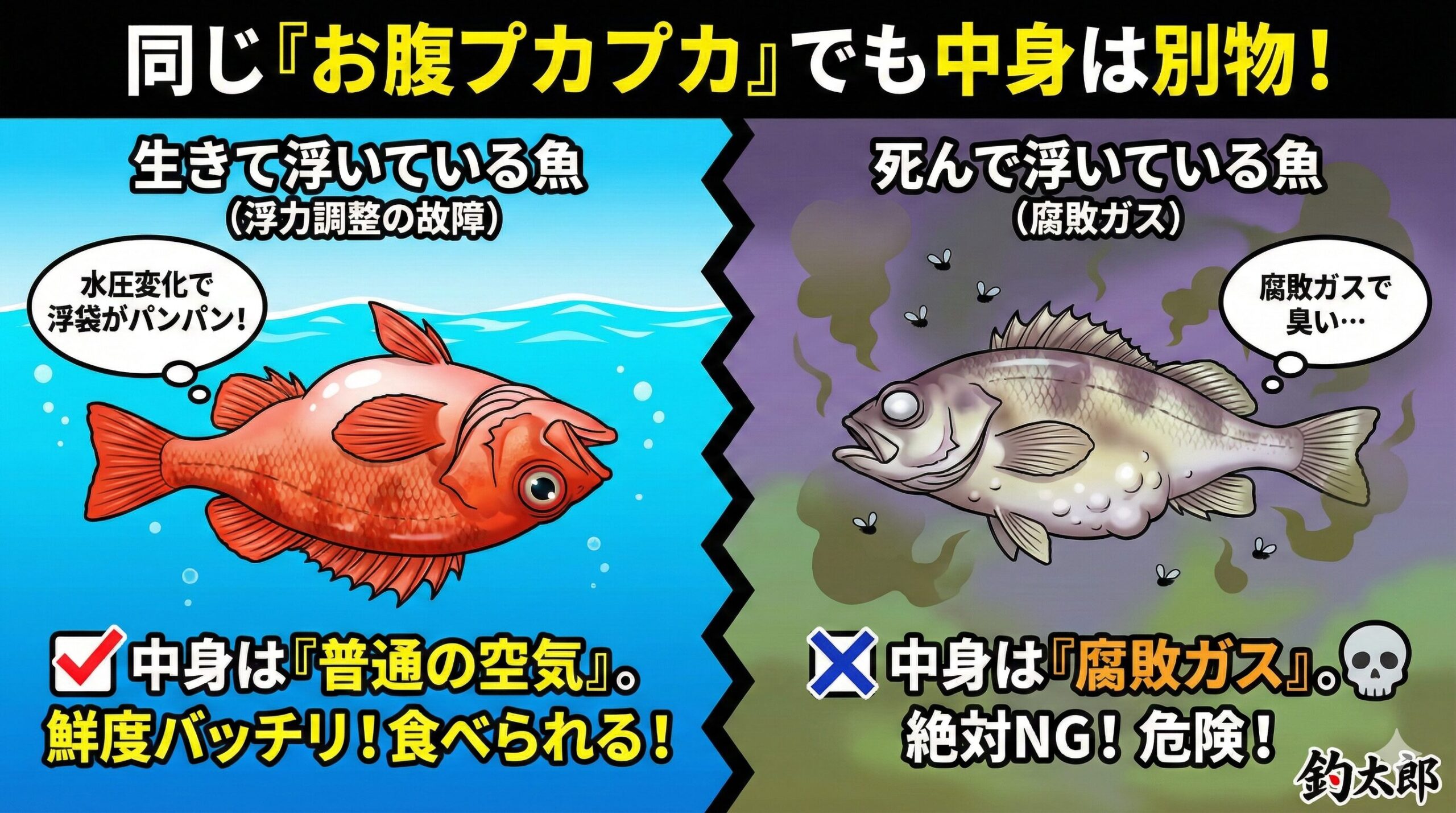 魚の浮き袋】お腹を浮かせて泳ぐ魚と、死んで浮いた魚。お腹の中の「空気」は別物。釣太郎