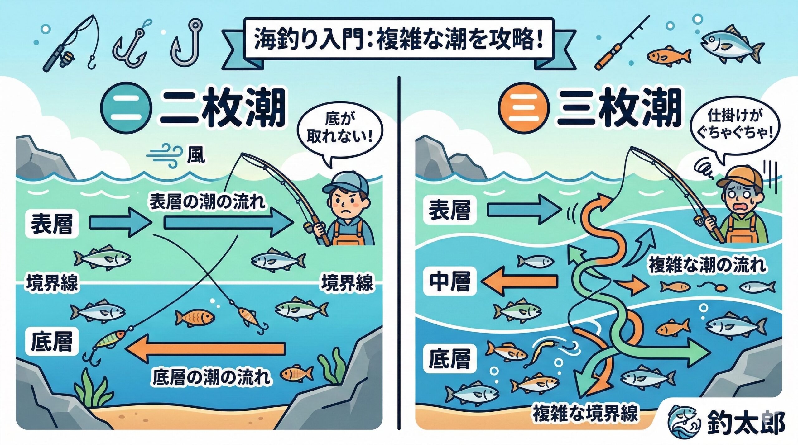 海面付近の上層と海底付近の下層で、潮が全く違う方向や速さで流れている状態を二枚潮と呼びます。海釣り入門。釣太郎
