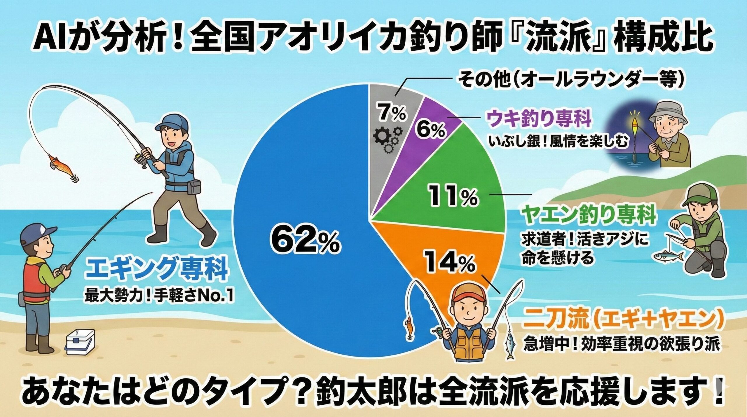アオリイカ釣り、南紀では、「ヤエン専科」と「二刀流」の合計が40％近くまで跳ね上がるという特異なデータが出ています。釣太郎