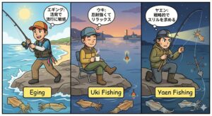 アオリイカ釣り、エギング、ウキ釣り、ヤエン釣り、それぞれの性格判断。釣太郎