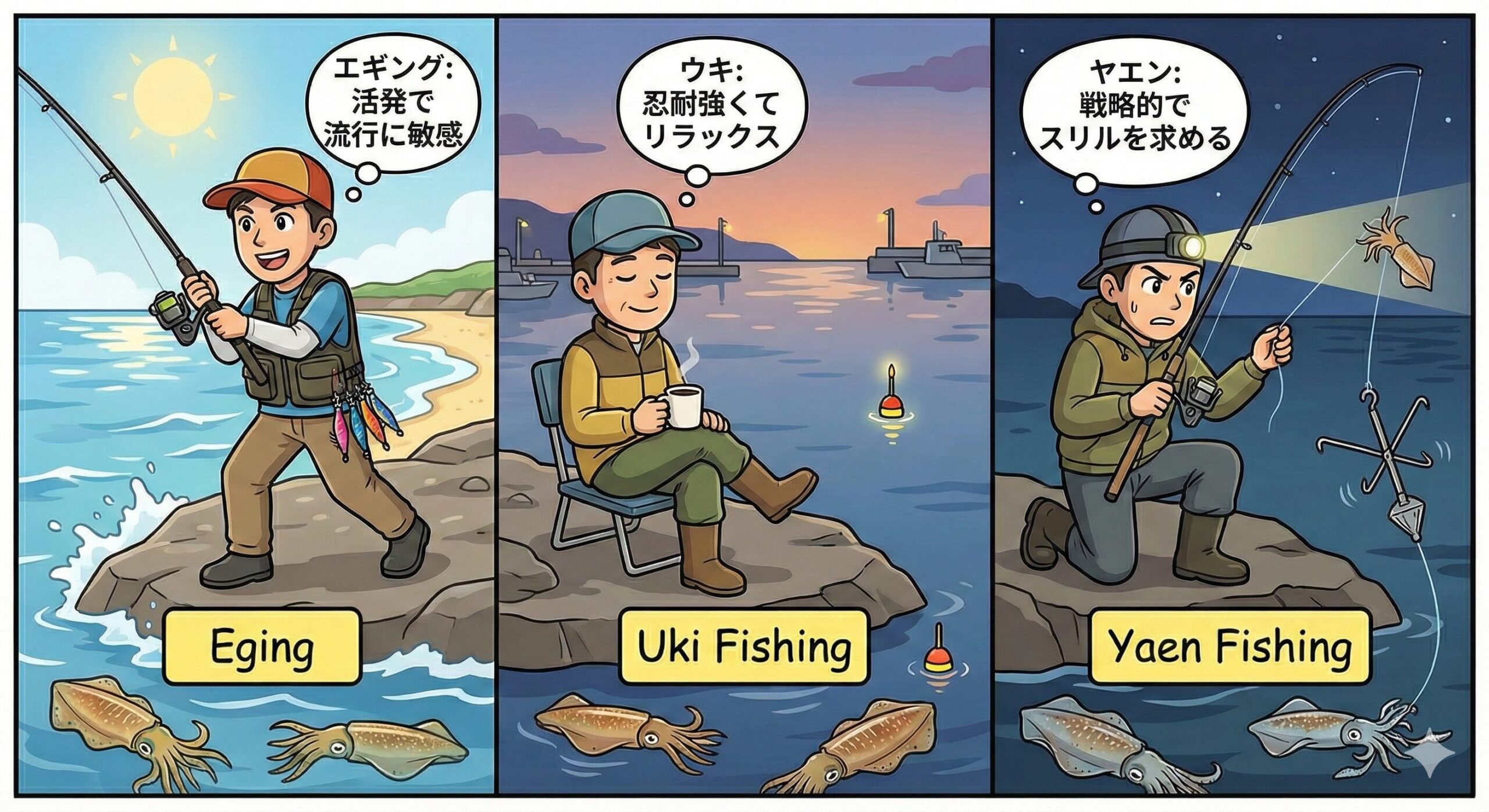 アオリイカ釣り、エギング、ウキ釣り、ヤエン釣り、それぞれの性格判断。釣太郎