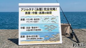 アジ釣り、日中の明るい時間や潮が澄んでいる時は底を狙い、マズメ時や潮が濁っている時は少しずつタナを上げて探っていくのが正解です。釣太郎