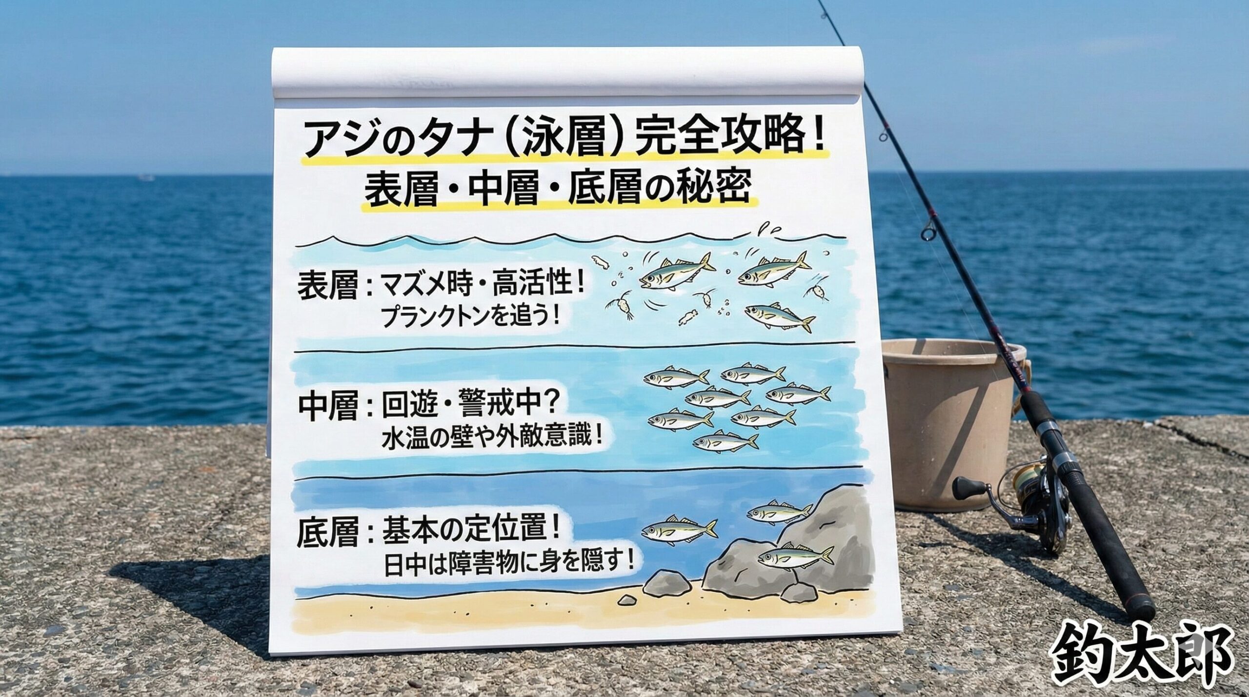 アジ釣り、日中の明るい時間や潮が澄んでいる時は底を狙い、マズメ時や潮が濁っている時は少しずつタナを上げて探っていくのが正解です。釣太郎