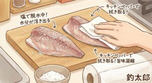 マアジの水分量が大体70％前後やとしたら、マルアジは75％から80％近くあると言われている.釣太郎