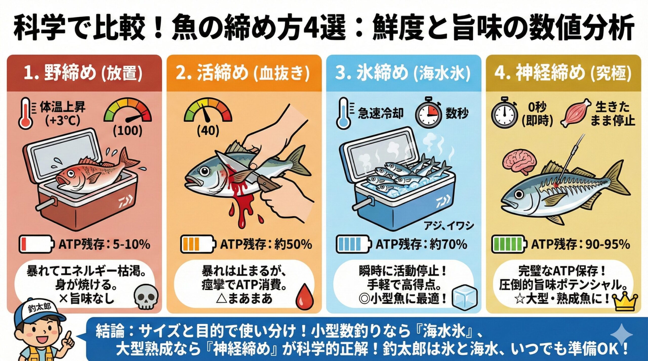 魚の締め方、野締め、活締め、氷締め（氷＋海水）、神経締め。これをAIが科学的に数値で判断分析。釣太郎