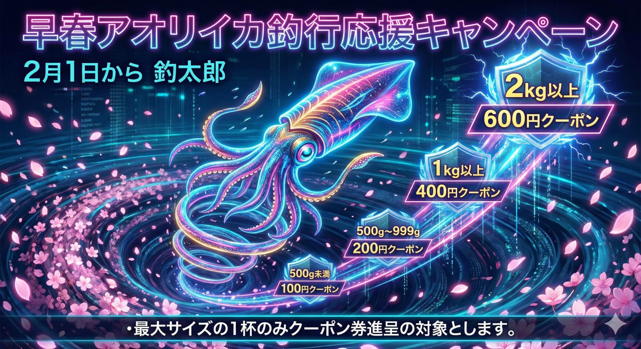 アオリイカお持ち込みクーポン。500g未満: 小さくても嬉しい！100円クーポン。500g〜999g: 良型ゲット！200円クーポン。1kg以上: キロアップ達成！400円クーポン。 2kg以上: 夢のモンスター！600円クーポン。釣太郎