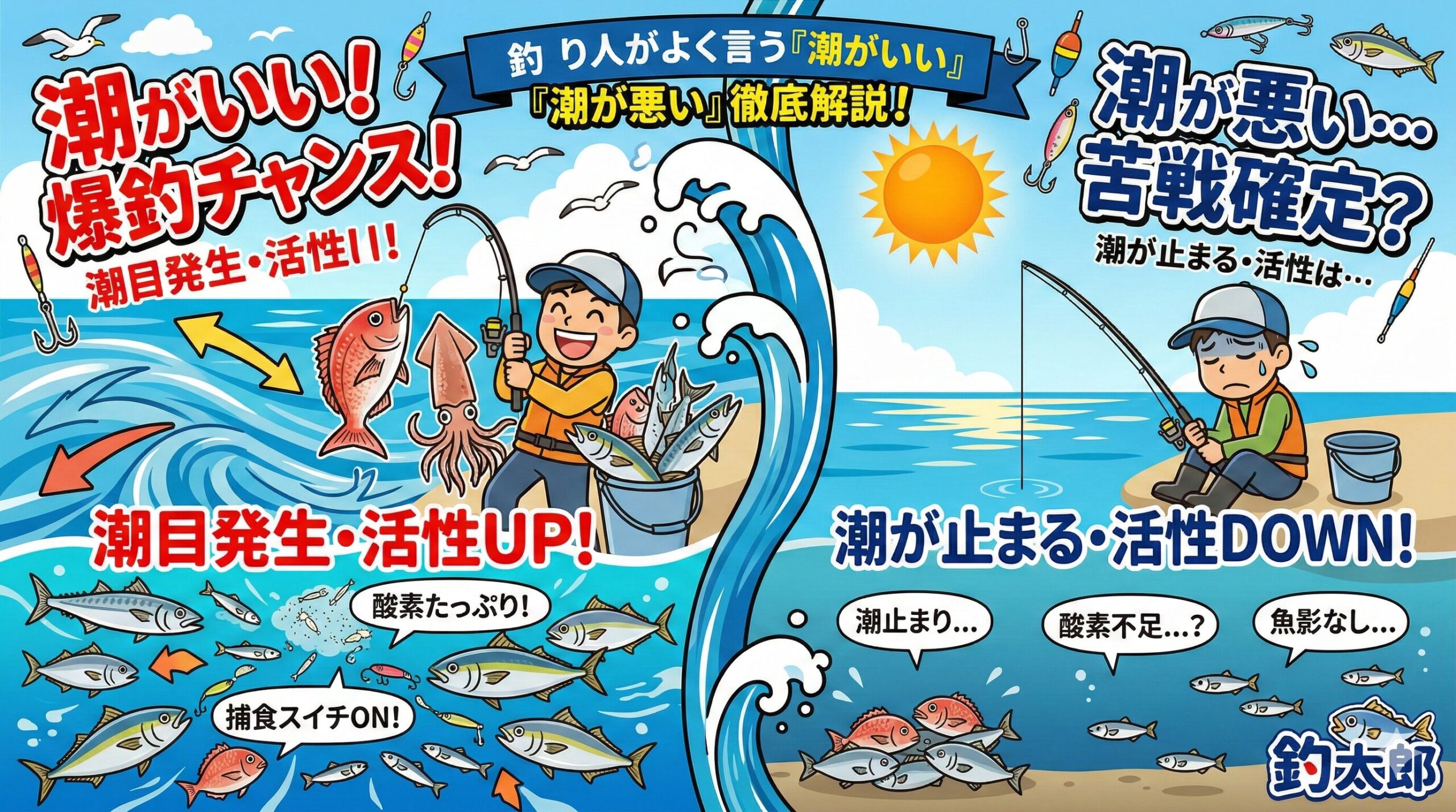 潮の良し悪しは、大潮や小潮といった潮回りだけでなく、風向きや海底の地形が複雑に絡み合って決まります。釣太郎