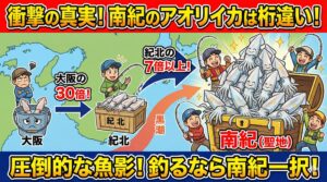 南紀のアオリイカ総数は大阪の約30倍。紀北の7倍以上。理由は黒潮、水温、地形、藻場、ただし、多い＝簡単ではない。釣太郎