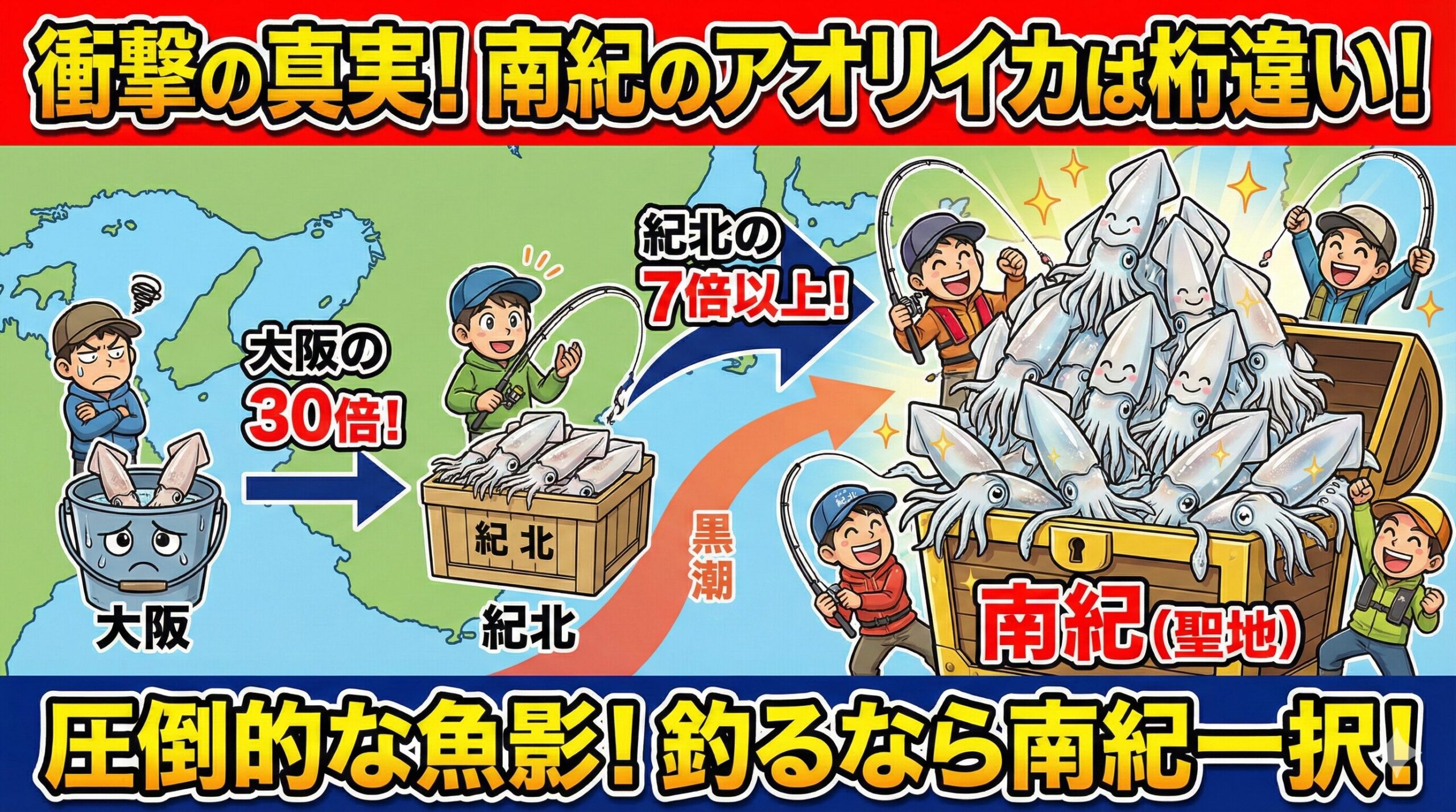 南紀のアオリイカ総数は大阪の約30倍。紀北の7倍以上。理由は黒潮、水温、地形、藻場、ただし、多い＝簡単ではない。釣太郎