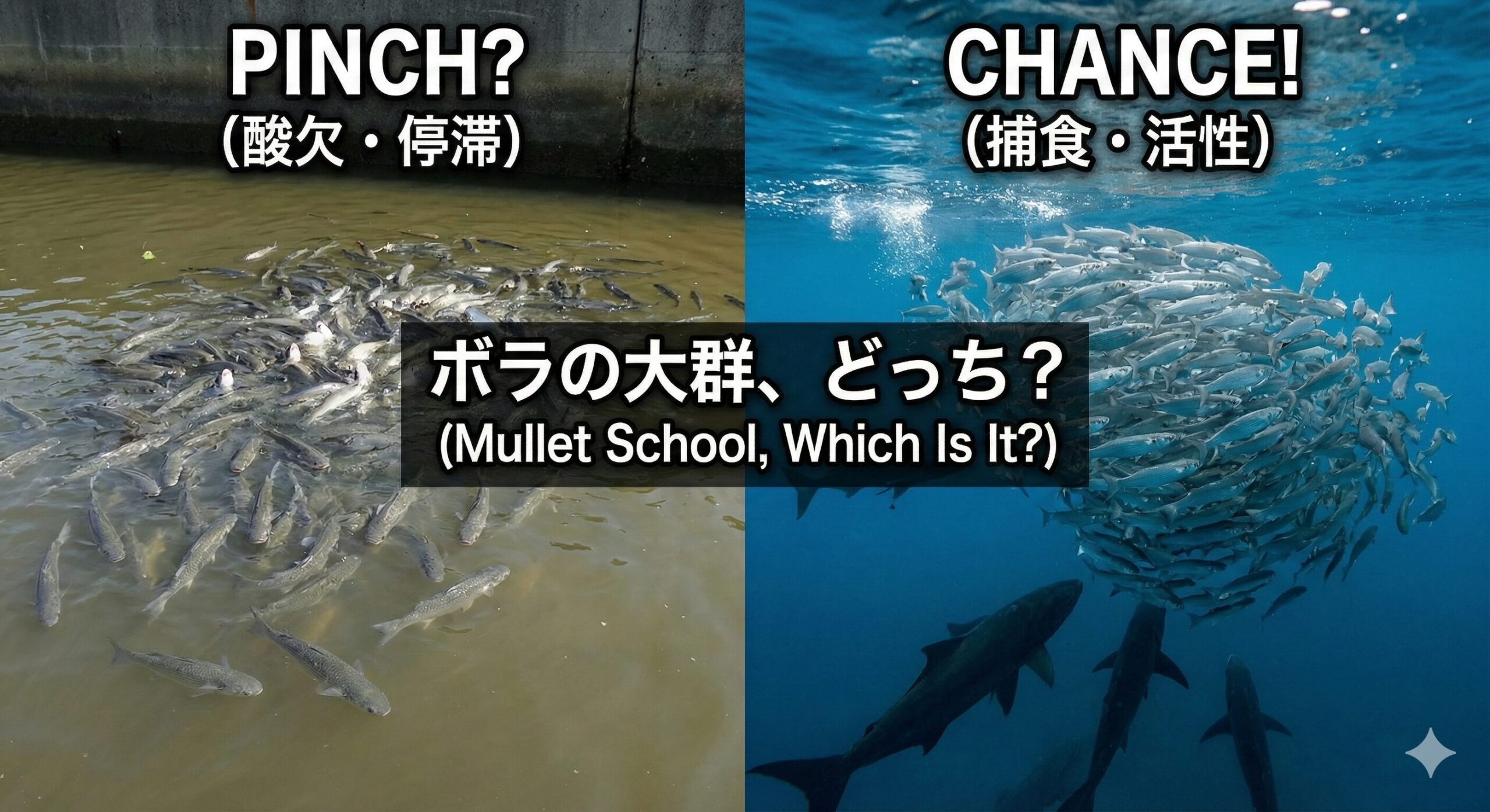ボラの大群が良いのか悪いのか。判断の基準は、彼らの殺気。のんびりパクパクしているなら「場所移動」。殺気立って逃げ惑っているなら「戦闘開始」。釣太郎
