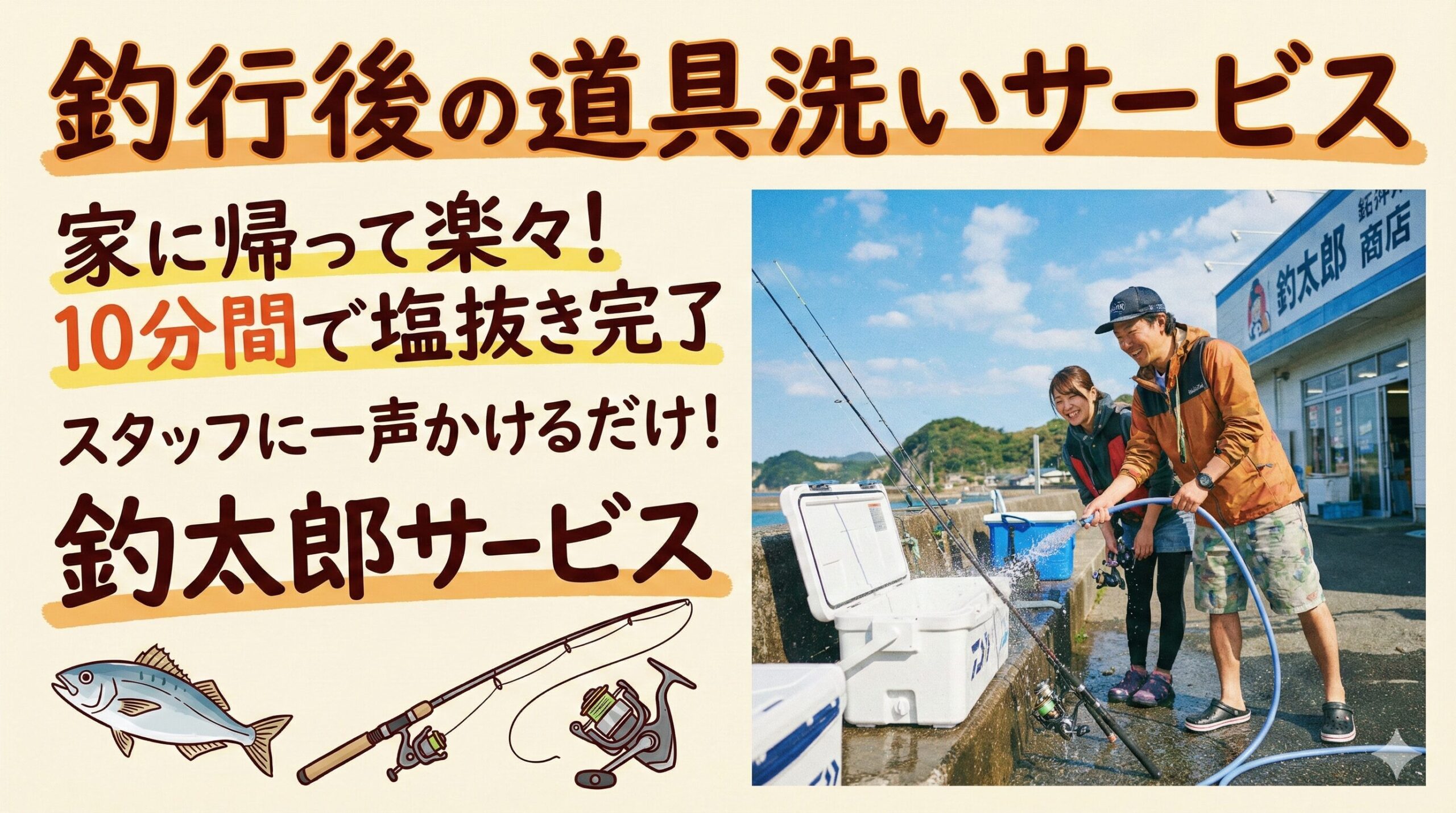 釣行後に道具洗って帰れば楽ですよ。事前に一声かけて頂ければ10分間ご利用になれます。釣太郎サービス。