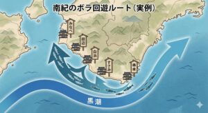 ボラの回遊はランダムではありません。黒潮、河川栄養、水温、潮流、これらに従い串本 → すさみ → 白浜 → 田辺 → みなべというルートで移動します。釣太郎