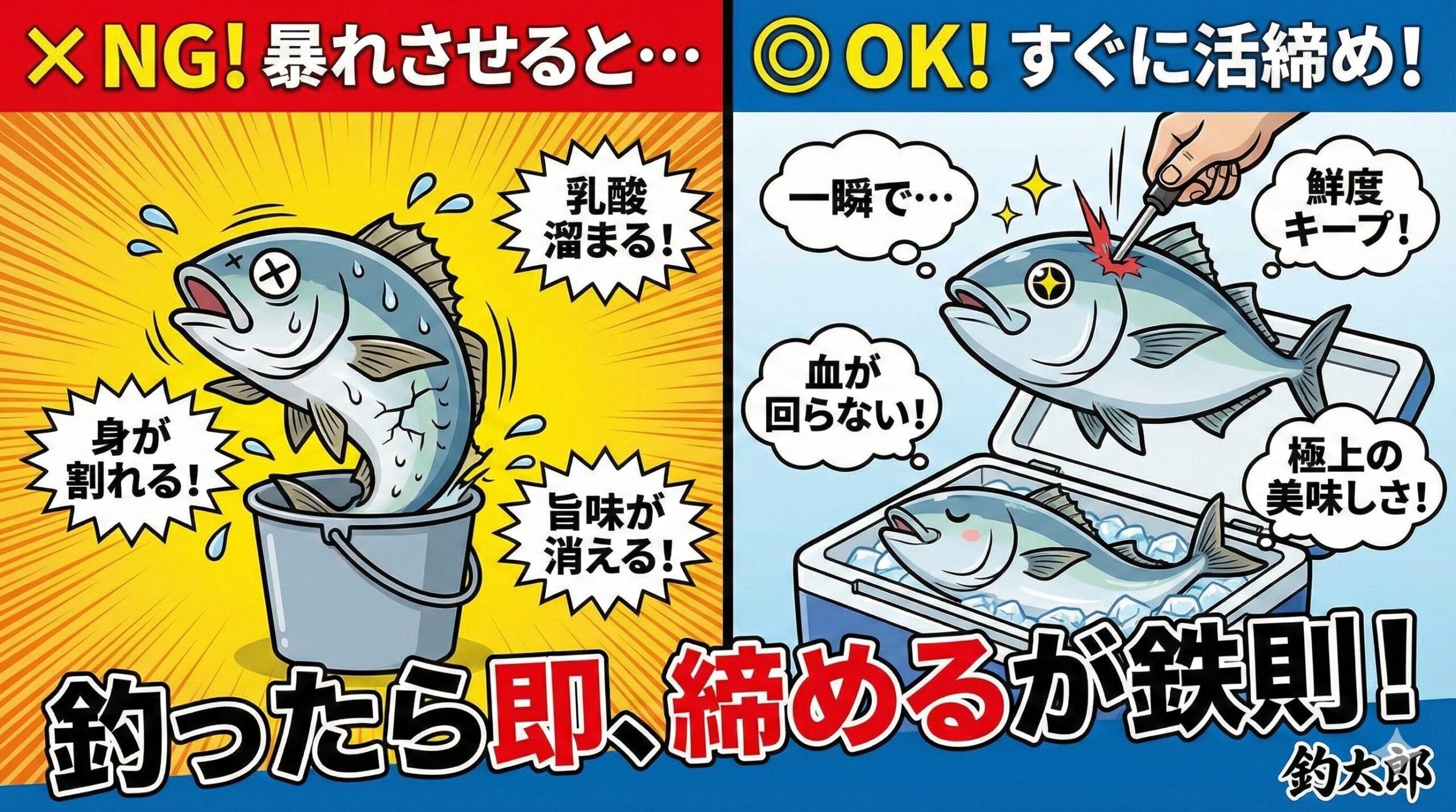 釣った魚が暴れると、身の中に「乳酸」などの疲労物質が一気に溜まります。身が酸っぱくなったり、透明感がなくなって白く濁ったりします。釣太郎