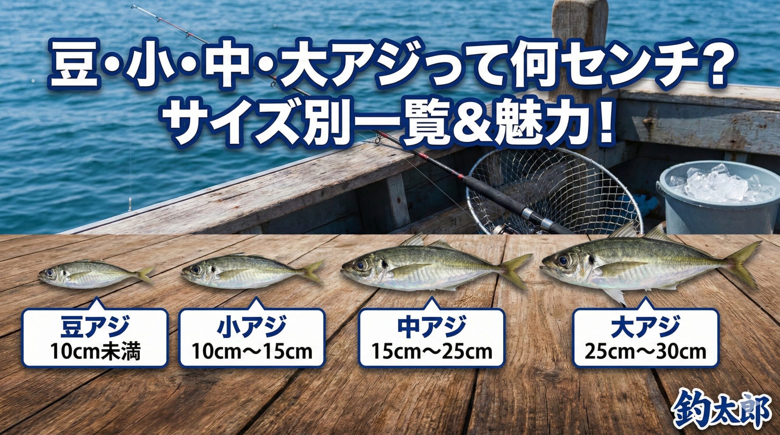 アジの大きさ別の呼び方。豆アジ：10cm未満。小アジ：10cm〜15cm。中アジ：15cm〜25cm。大アジ：25cm〜30cm（30cm以上は尺アジ）釣太郎