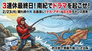 2026年2月23日の南紀は 晴れで釣行しやすい、 昼は暖かい、朝夕冷える。釣太郎