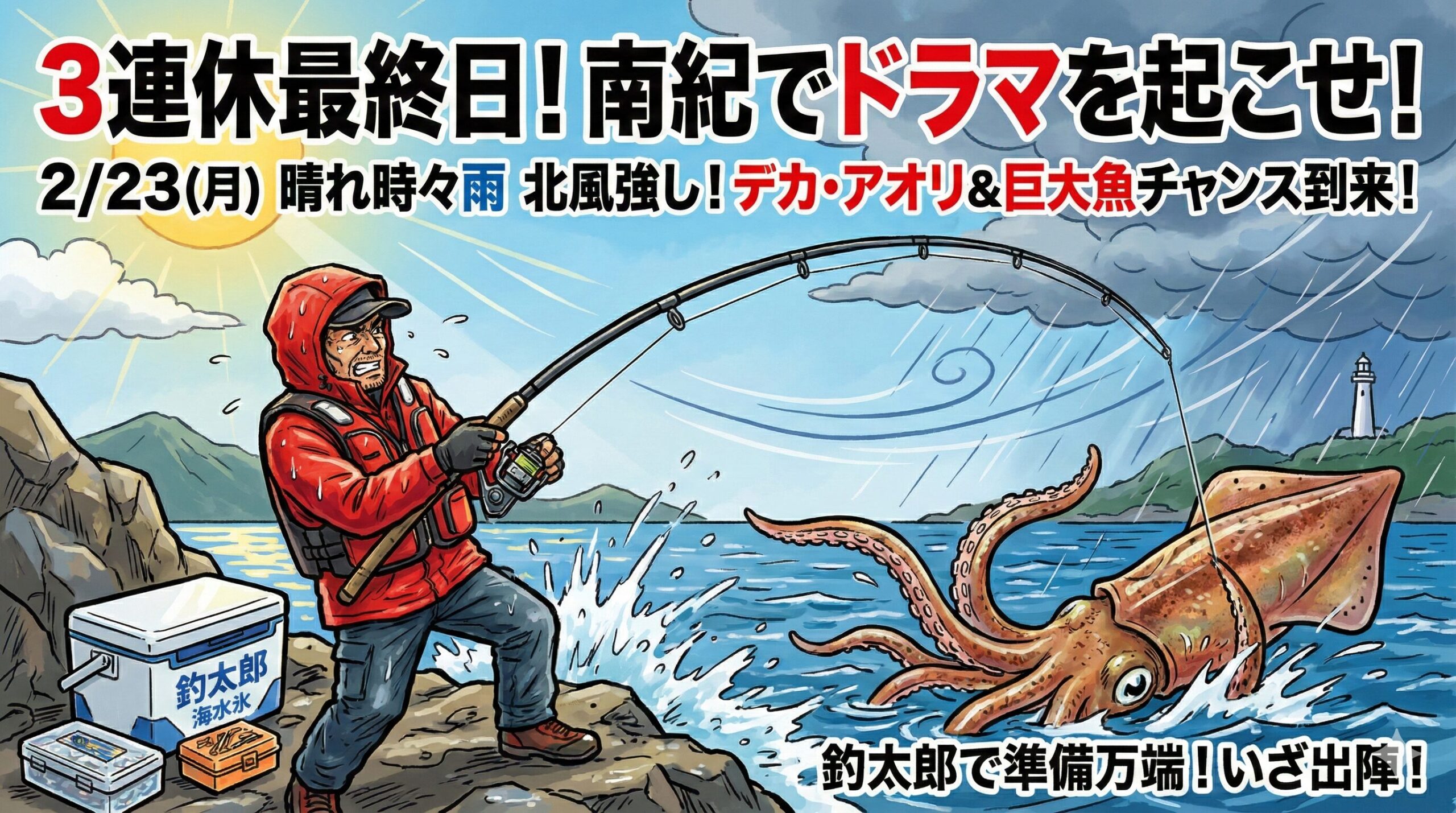 2026年2月23日の南紀は 晴れで釣行しやすい、 昼は暖かい、朝夕冷える。釣太郎