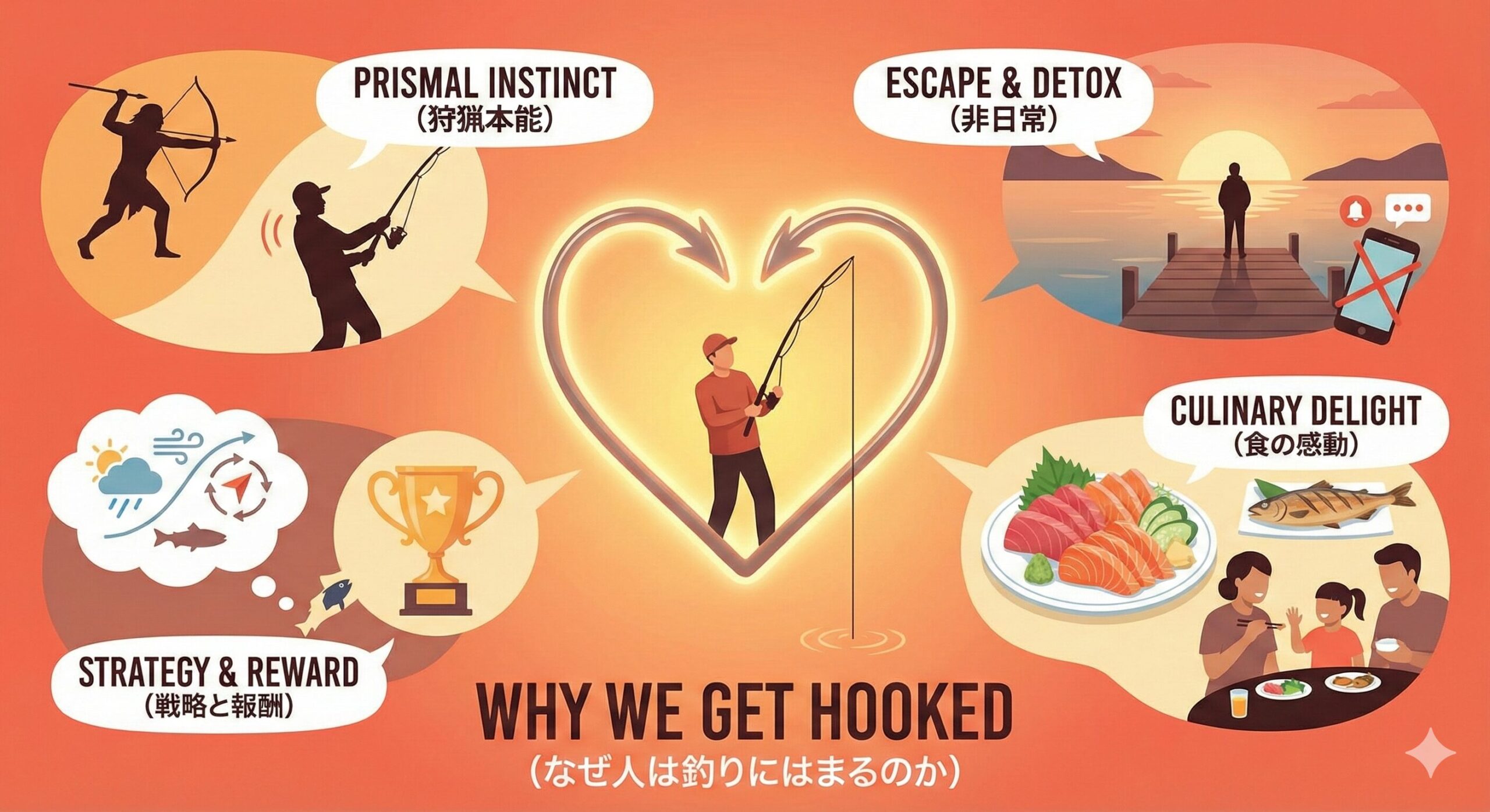 人が釣りにハマるのは、単に魚が欲しいからだけではありません。 本能を刺激される興奮、自然との対話、知的な戦略、そして食の喜び。 それら全てが詰まった、大人の最高の遊びだから。釣太郎