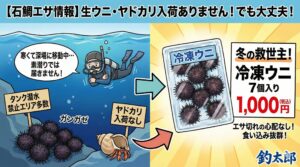 釣太郎オリジナルの冷凍ウニは、7個入り1,000円（税込）と手頃な価格で、食い込みも抜群。石鯛釣りエサ。