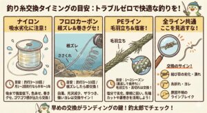 「逃した魚は大きい」と言いますが、その原因の9割は 「ライン（釣り糸）の劣化」 です。釣太郎