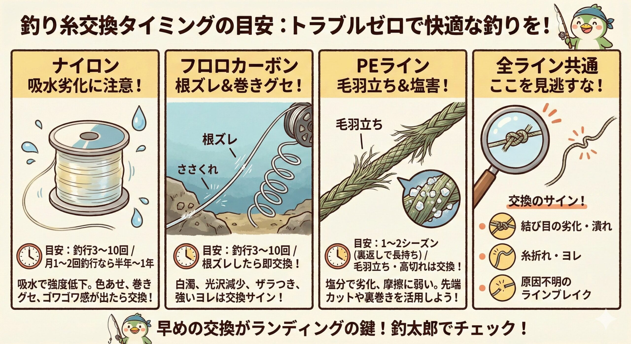 「逃した魚は大きい」と言いますが、その原因の9割は 「ライン（釣り糸）の劣化」 です。釣太郎