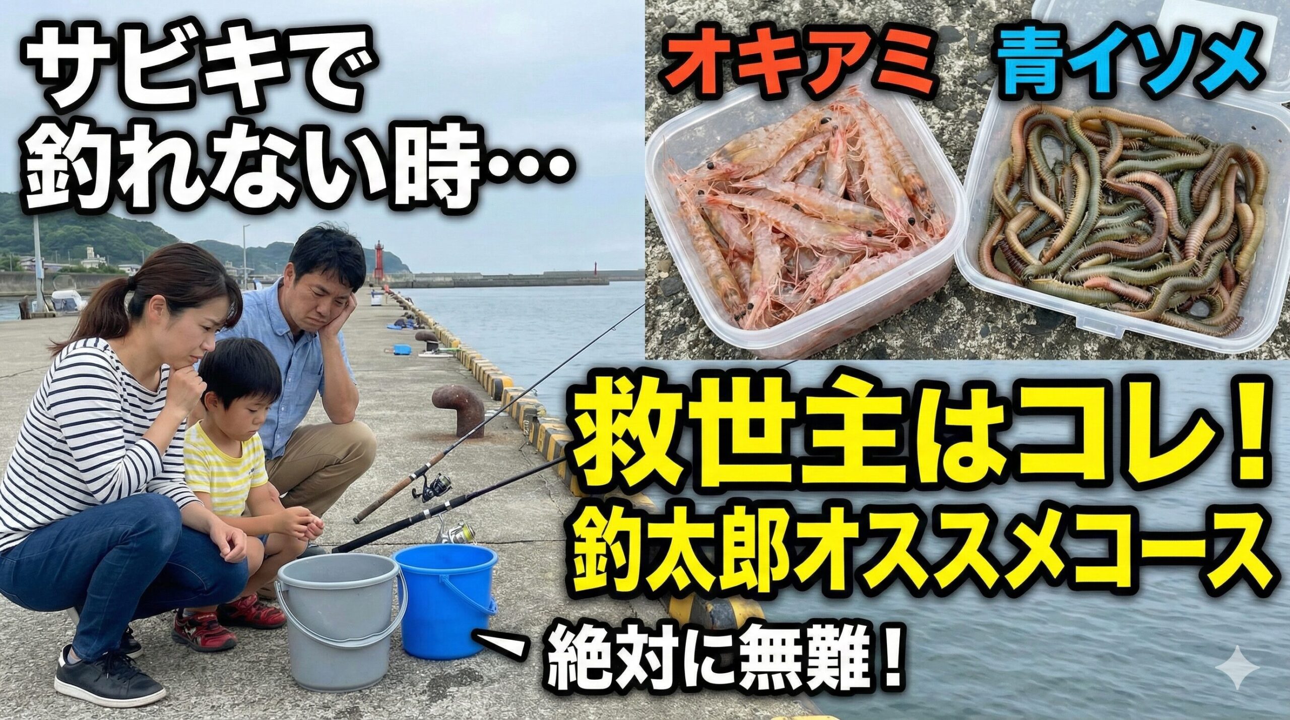 サビキ釣り、活性が低い時もあるため、オキアミもしくは青イソメを持っていく方が絶対に無難です。釣太郎