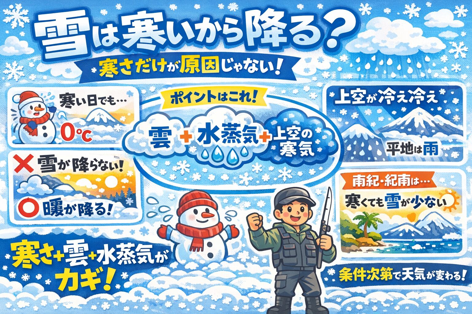 「寒いから雪が降る」 この考え方は、もう古いです。雪は、寒さ・湿度・空の構造がそろって初めて降る。釣太郎