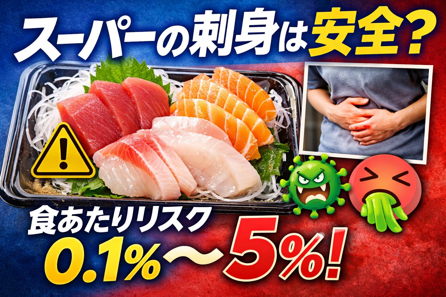 スーパーの刺身は非常に低リスクですが、完全安全ではありません。通常の食あたり確率は0.01〜0.1％程度。釣太郎