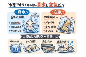 真水は旨みを奪う最大の敵・空気は冷凍焼けの原因・ラップ密着＋空気遮断が必須・解凍は冷蔵庫一択。この4つを守るだけで、冷凍アオリイカの味は別物になります。釣太郎