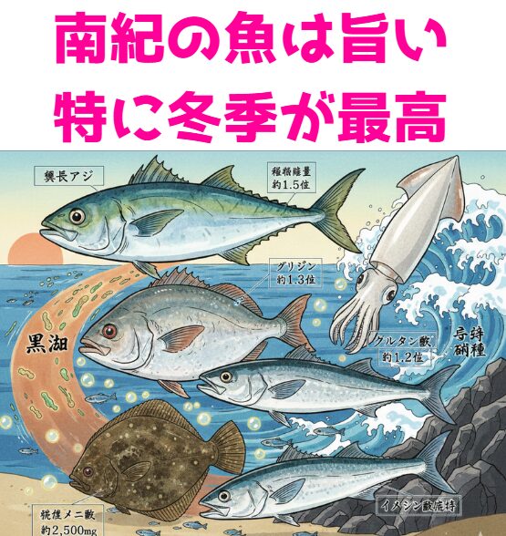 南紀の海は、釣り人やグルメの間で「別格」と称されます。特に冬、寒尺アジ、寒グレ、アオリイカに加え、荒磯の王者ヒラスズキや砂地の女王ヒラメが一段と輝きを増す。釣太郎