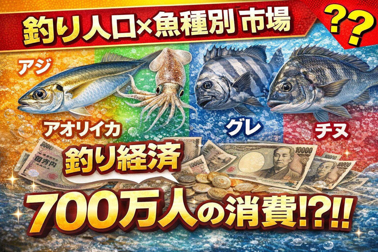 釣り人口と市場の関係。 ・アジ → 人数最大・アオリイカ → 消費額最大 ・チヌ・グレ → 安定市場・石鯛 → 富裕層市場。釣太郎