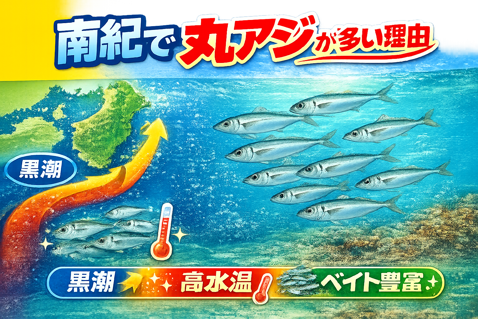 南紀で丸アジが多い理由は環境の為・黒潮接岸 ・潮通しが良い地形・ベイト豊富・高水温・回遊魚優勢の海。南紀は「丸アジが増える条件が全部そろっている海」。釣太郎