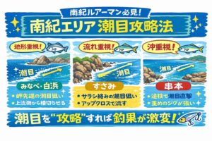 南紀の潮目攻略ポイント。・黒潮を意識・地形とセット・横切らせる・重さ重視・ドリフト必須。これだけで、 釣果は確実に変わります。釣太郎